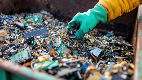 A person wearing a green glove and yellow sleeve sifts through a large container filled with electronic waste, including circuit boards, wires, and various electronic components.